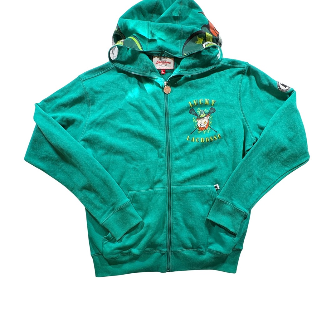 Flow Society Lucky Lacrosse Hoodie Mens Large Green Full Zip Leprechaun Fleece